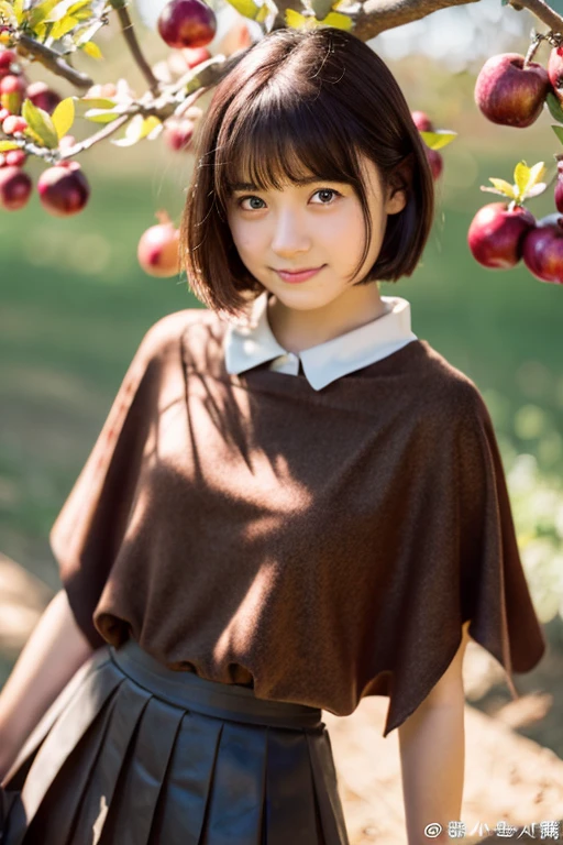 lens 135mm f1.8,(best quality),(masterpiece:1.1), (beautiful Japanese girl), cute face, ((flat chest)),
(chiseled face:0.7), (freckles:0.6), cute lips, thin body,
dappled sunlight, dramatic lighting,
smile,
(flat bangs),
(short-cut:1.2) semi-buzzcut (pink hair), (thin glasses),
(dark green Cape),
(dark red color Tunic), (blouse), (dark red color pleated skirt),
(at the apple orchard), (Celebrate with apples),