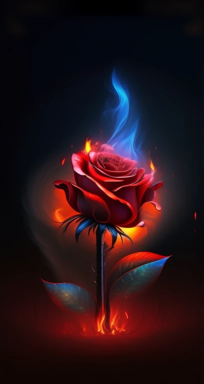 A red rose，There are flames and smoke on it, holy flame spell, ❤🔥🍄🌪, exploding roses, 8 k highly detailed ❤🔥 🔥 💀 🤖 🚀, 8k highly detailed ❤️‍🔥 🔥 💀 🤖 🚀, background artwork, Red rose, engulfed in swirling flames, Red neon rose, Stylized digital art, ✏️🎨, on fire