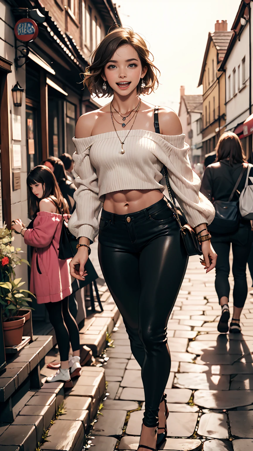 24 year old Caucasian female、The hair is brunette、Eye color is blue、semi-long、A slim but well-proportioned muscular man、My abs are ripped、Belly button sticking out、Laughter、I'Wearing a necklace、Wrist Accessories、Wearing off-shoulder tops、I'Wearing leggings、I'm wearing pin heels、I'At the top of a stone staircase halfway up a cobbled street in the old town.、Laughter