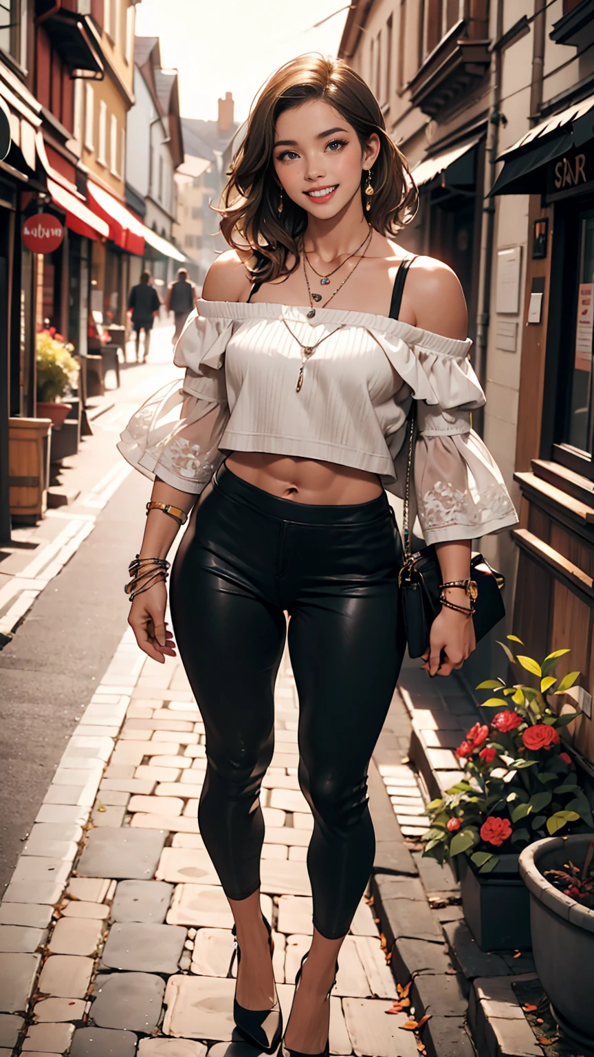 A 22-year-old extremely beautiful white woman、Supermodel proportions、Hair color blonde、blue eyeedium Hair、Straight Hair、Hair pulled up and tied back((hair pulled back))、Wear a high-neck zipper-up top decorated with lace、Lower milk visible、Navel visible、Large chest、Narrow waist、Wear leggings、Wear high heels、In a cobblestone alley of the old town、smile