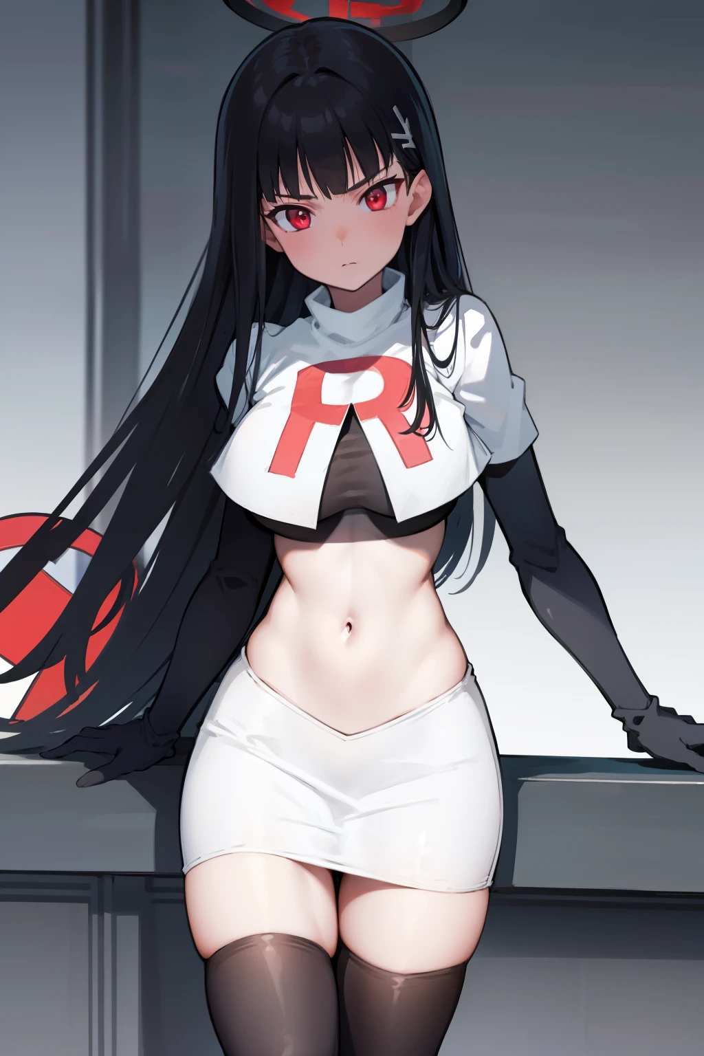 Rio, blue archive, black hair, halo halo, red eyes, face focus, mature female, large breast, head focus,team rocket,team rocket uniform,white skirt,red letter R,crop top,black thigh-highs,black elbow gloves