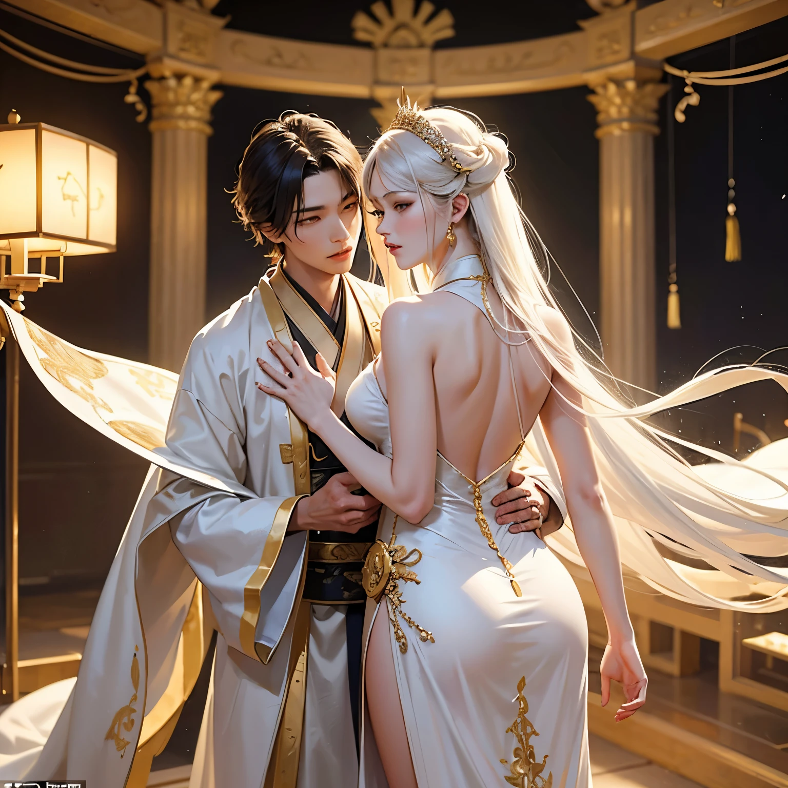 (couple cuddling) rough man Zeus muscular naked, beautiful, sexy, big breasts, cleavage, bare legs, see-through, standing, hanfu, wet, clear, realistic, highest detail, Chinese mythology, dragon pattern, phoenix, sacred, holy, golden mountains, heavenly palace, countless palaces, clouds, golden light