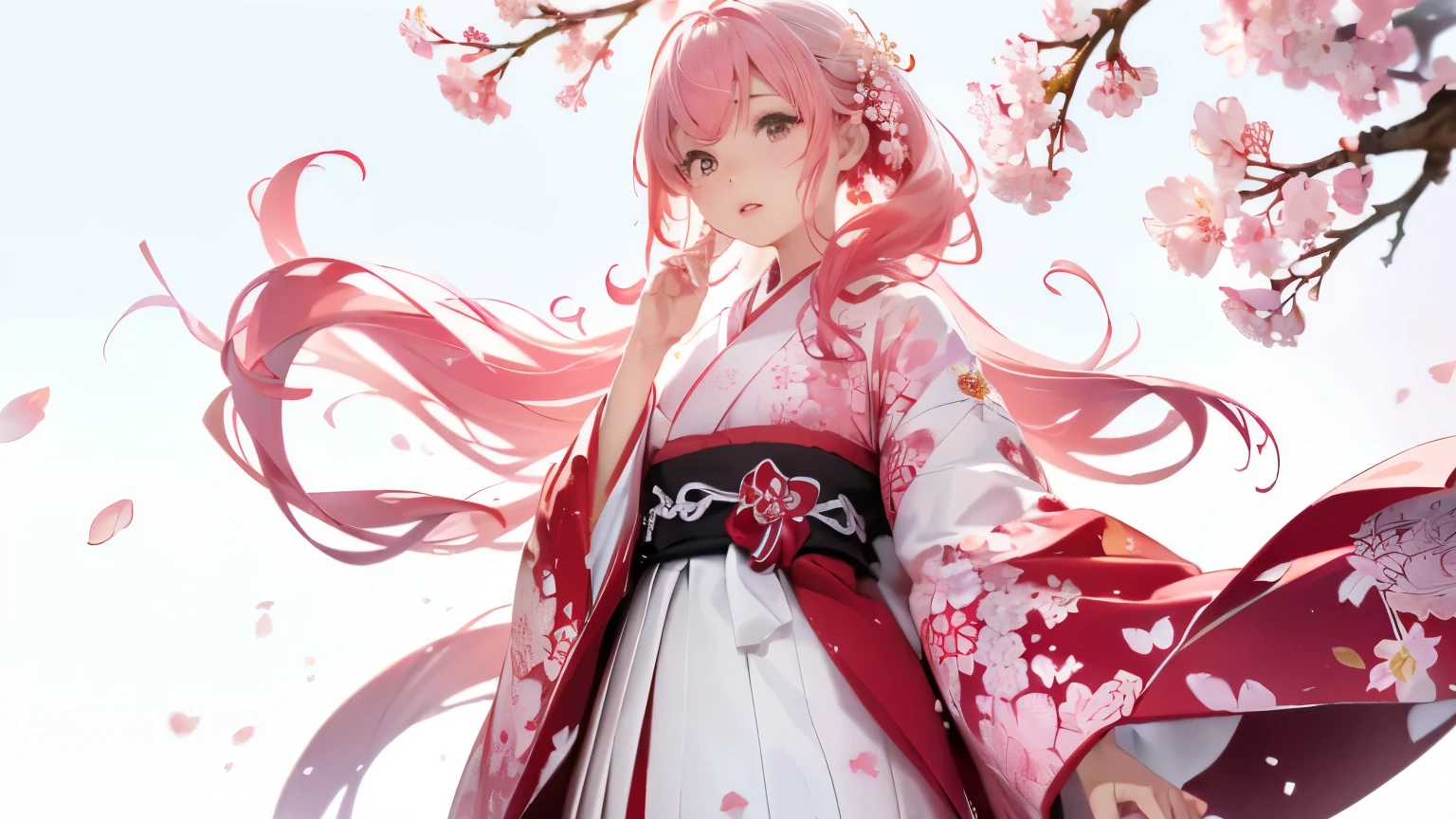 (((Cherry blossom background、White world)))、unity 8k wallpaper、Ultra-detailed、Beautiful and aesthetic、masterpiece、highest quality、(Tangleの、Mandala、Tangle、Tangle)、(Fractal Art:1.3)、One Girl、Beautiful long pink hair、Japanese、Big pink、red kimono、Japan Dresses、Very detailed、Dynamic Angle、Cowboy Shot、The most beautiful form is chaos、elegant、brutalism design、Vibrant colors、Romance、atmosphere、Ecstasy Note、Streaming notes are visible、(((White background、Pure white background、Red circle))),Walking and enjoying cherry blossom viewing。