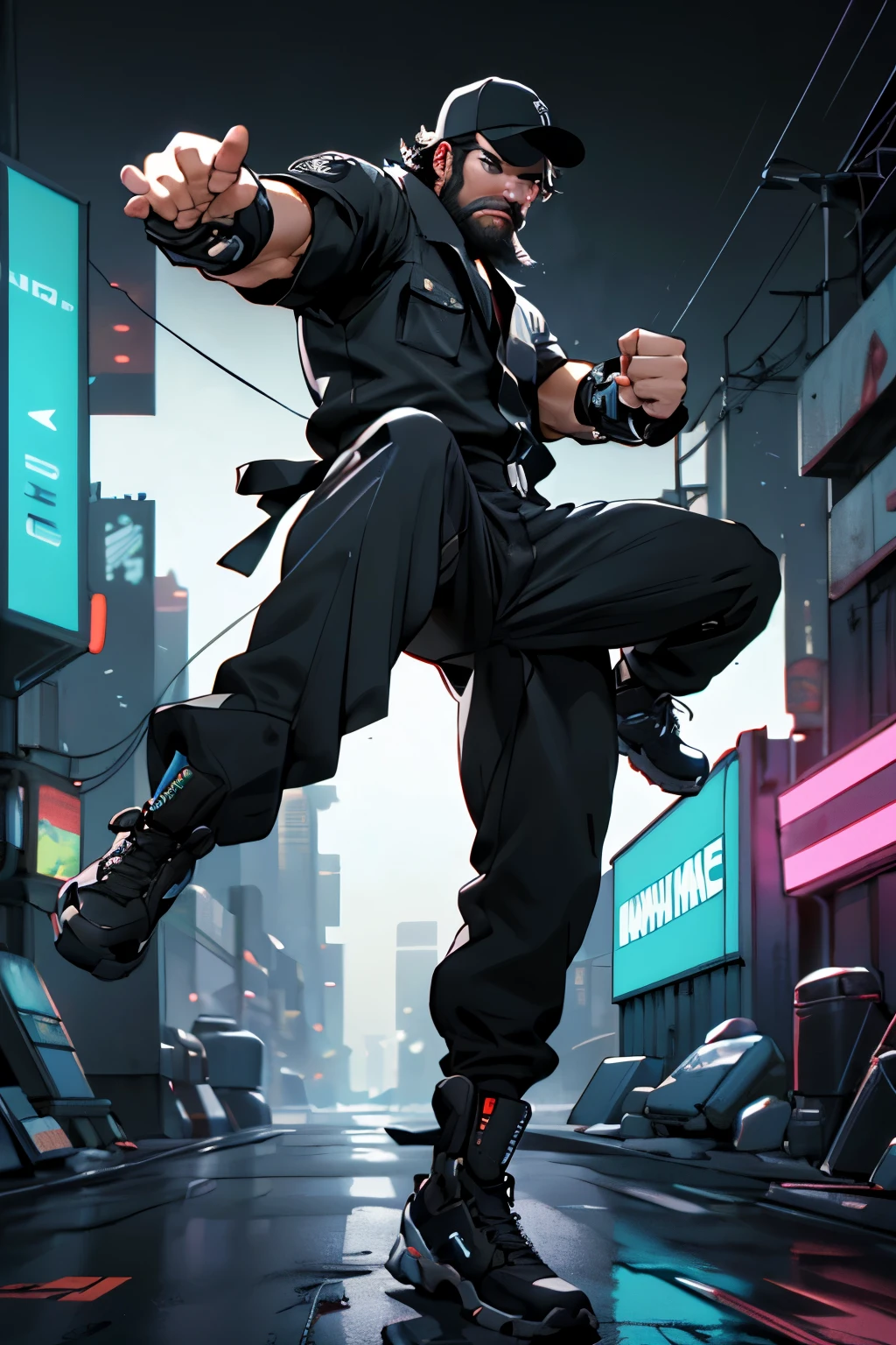 ((Mechanic)), ((Middle aged male)), ((Black beard)), ((Muscular)), ((Black flightsutit)), ((Black baseball hat without logo)), ((dynamic pose)), ((retro cyberpunk
background))
((kicking action))