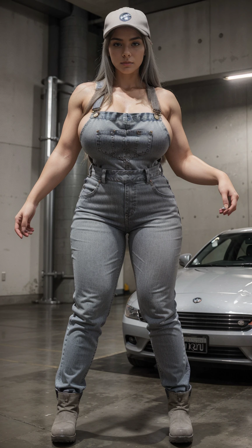 ridiculous,high resolution,Ultra Detailed,ish,Ultra HD,灰色Sports caps,Extra-long gray hair,身穿Grey Denim Overalls,Gray platform boots,Does not show skin,Wrapped all over the body,Not exposed, 1 extremely tall and strong muscular girl, Very tall and strong,Two meters tall,Heavy body,Extremely exaggerated body proportions,Extremely thick and exaggerated figure,Muscular limbs,Broad shoulders,Extremely exaggerated huge breasts,Visible abdominal muscles,Large wide crotch,Extremely exaggerated huge fat buttocks,Incredible and extremely exaggerated long legs,Super long big thick legs,Especially thick long legs,Gym, Extra-long gray hair, Sports caps, Grey Denim Overalls,Gray platform boots,Full body shot from head to toe。