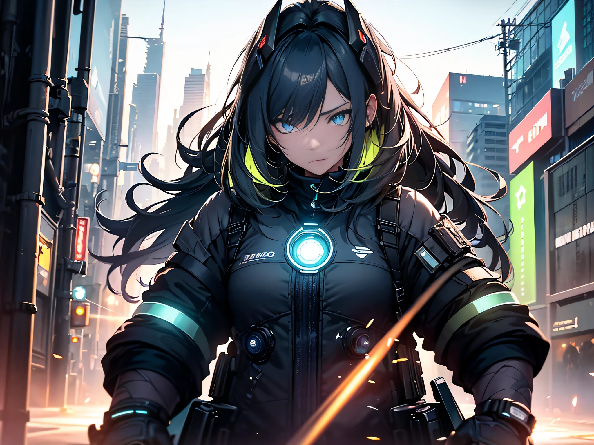 ((best qualtiy)), ((tmasterpiece)), (the detail:1.4), 3D, A beautiful cyberpunk female image,hdr（HighDynamicRange）,Ray traching,NVIDIA RTX,Hyper-Resolution,Unreal 5,Subsurface scattering、PBR Texture、post-proces、Anisotropy Filtering、depth of fieldaximum definition and sharpnesany-Layer Textures、Albedo e mapas Speculares、Surface coloring、Accurate simulation of light-material interactions、perfectly proportions、rendering by octane、Two-colored light、largeaperture、Low ISO、White balance、the rule of thirds、8K raw data、Kizi，（Indifferent expression），（Glowing blue eyes：1.331），grey long hair，（Cyberpunk Style），Panorama close-up，City，nighttime scene，neonlight，（the motorcycle），（Ride），Long flowing hair，