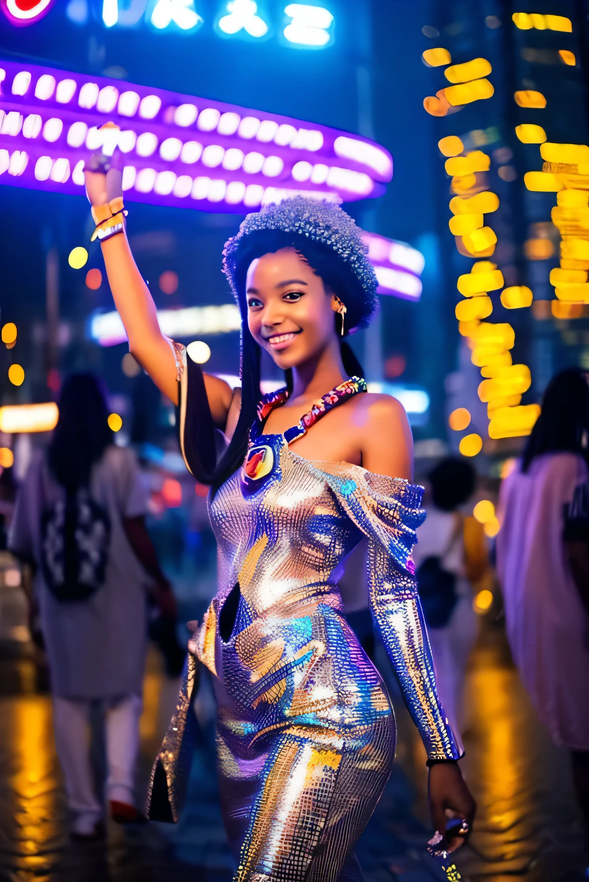 high quality、African、one person、Cute Girls、futuristic clothes、smile、Illuminated futuristic city at night