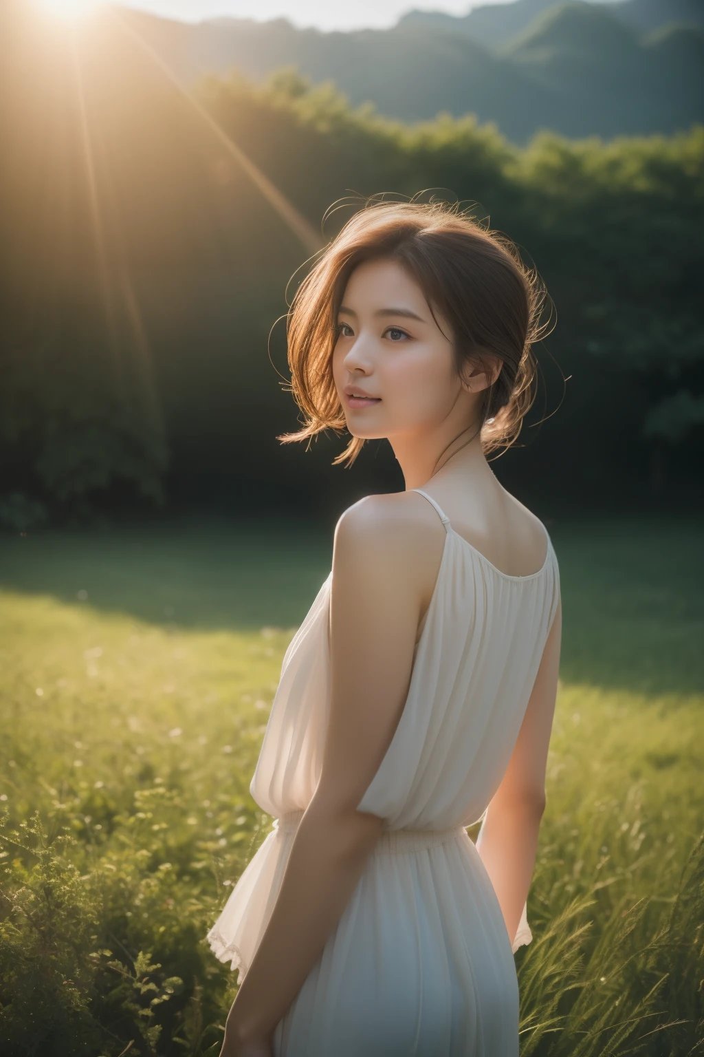 (highest quality、masterpiece、超A high resolution)、(Photorealistic:1.4)、RAW Photos、(One girl、sexy、Beauty Idol)、Brown Hair、Glowing Skin、Embarrassing、playwright、((Full Body Lesbian、完璧Nボディ、Miraculous体、Miraculous))、room、Liberation of mind and body、(Cloudy、The wind is blowing、The sun peeks through the gaps in the clouds),N、Artistic photography:1.5、Gentle scenes、gravure、