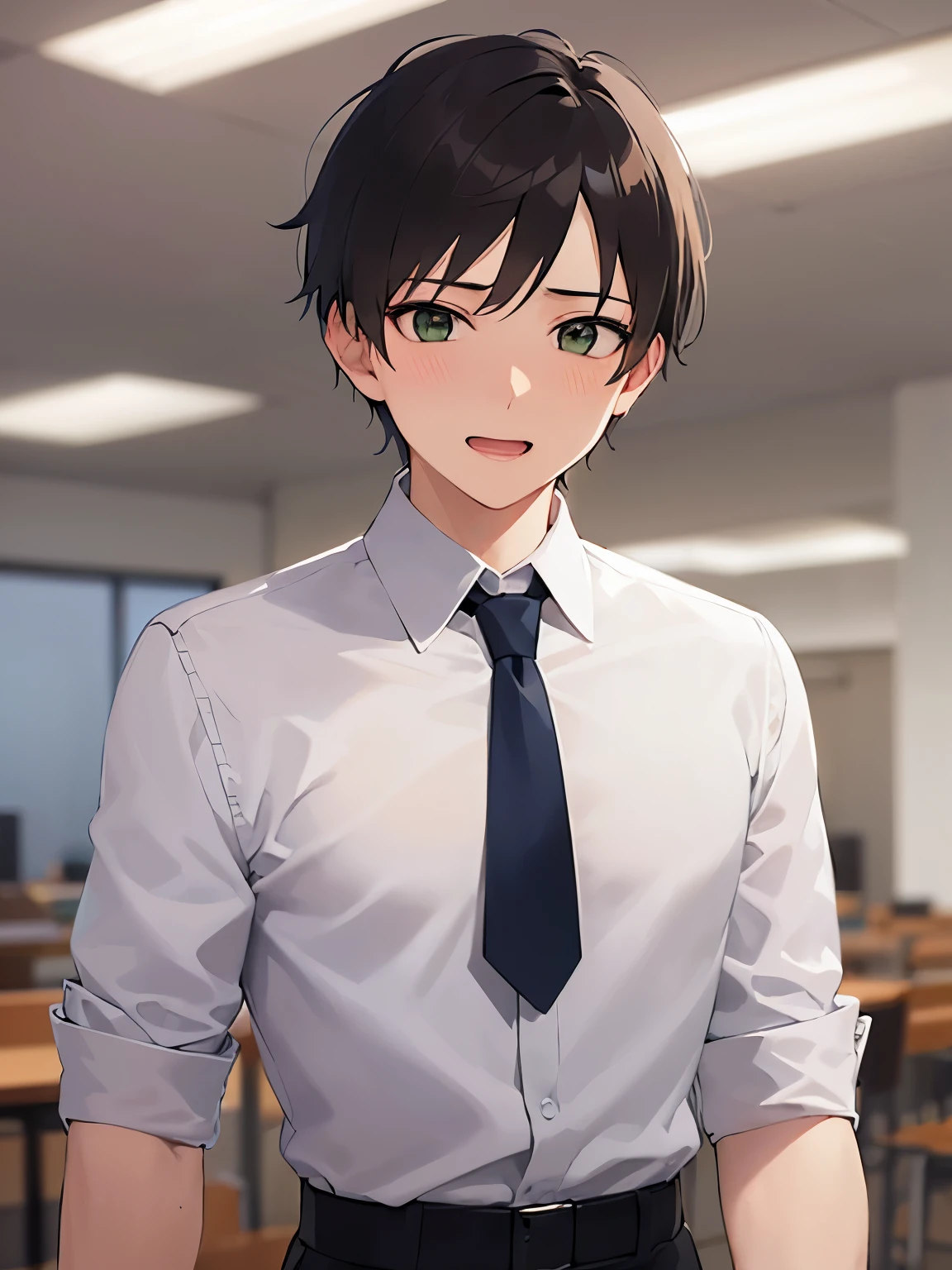 Perfect Face、Upper body, masterpiece、highest quality、(25-year-old male:1.5) and (Brown short hair) and (Green Eyes), Wearing a white shirt、Wearing a blue tie、Are standing、(embarrassed:1.3)、smile, open mouth, Background is an office room、(Alone:1.5)、