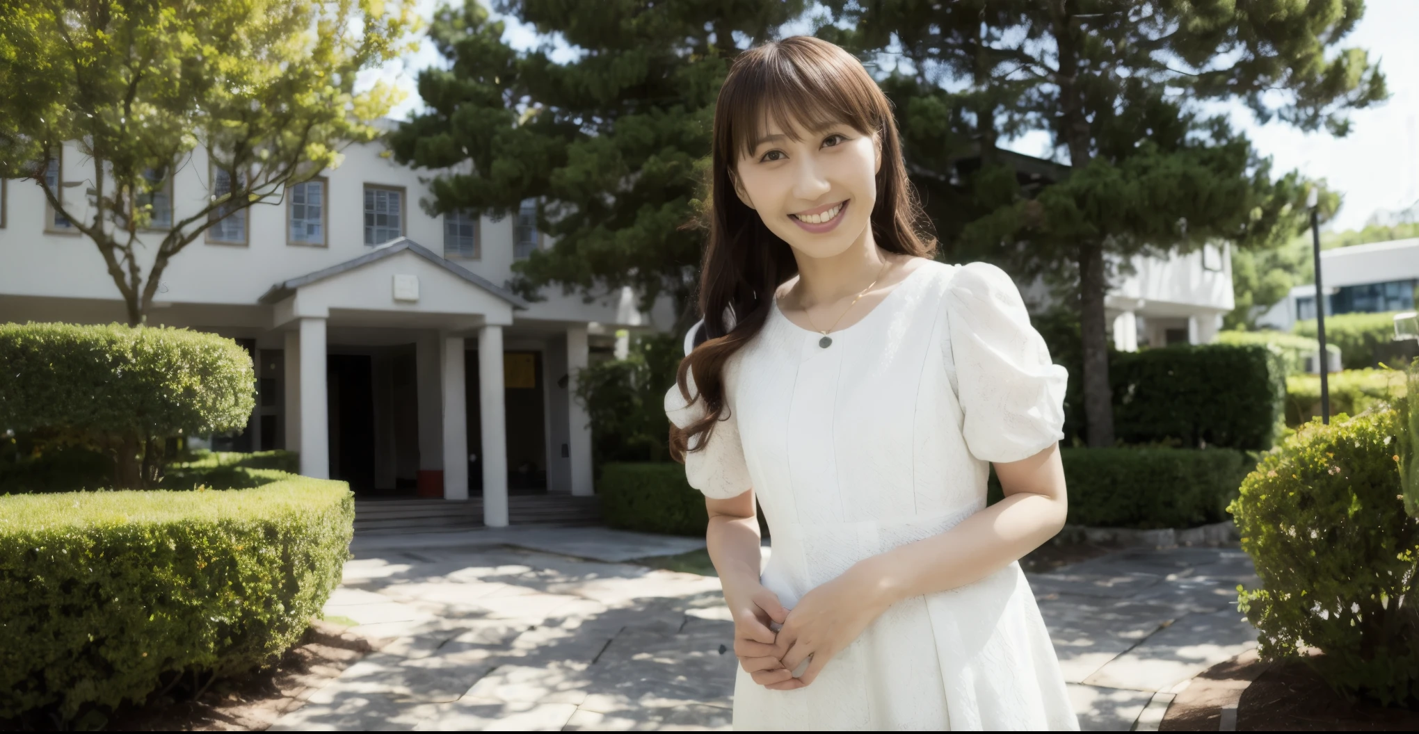 Arafe woman in white dress standing in front of building, deayami kojima, chiho ashima, narumi kakinouchi, ayami kojima amano, yuuka kazami, takada akemi, kiyoko suzuki, tsutomo nihie, inspired by Yuko Tatsushima, Chie Yoshii&#39;s Style