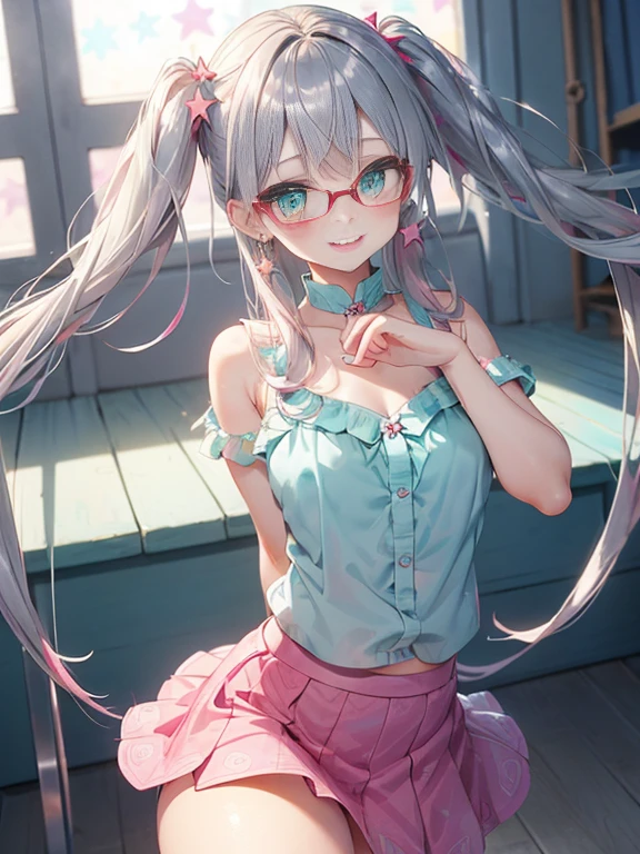 小さなgirl、The arrival of spring、Thick thighs、 (alone:1.5,)Very detailed,Bright colors, Very beautiful detailed anime faces and eyes, Look straight ahead, ;d, Shiny_skin,girl, ((Silver long hair,The inner color is red 、Forehead is exposed.、Green Eyes、Glasses、Shiny hair, Delicate beautiful face, blush、(Turquoise Eyes), White skin, Valletta, Earrings,、blue flower field、(((Star pattern pink、Gymnastics Skirt)))、Twin tails、smile、smile、Face dyed red