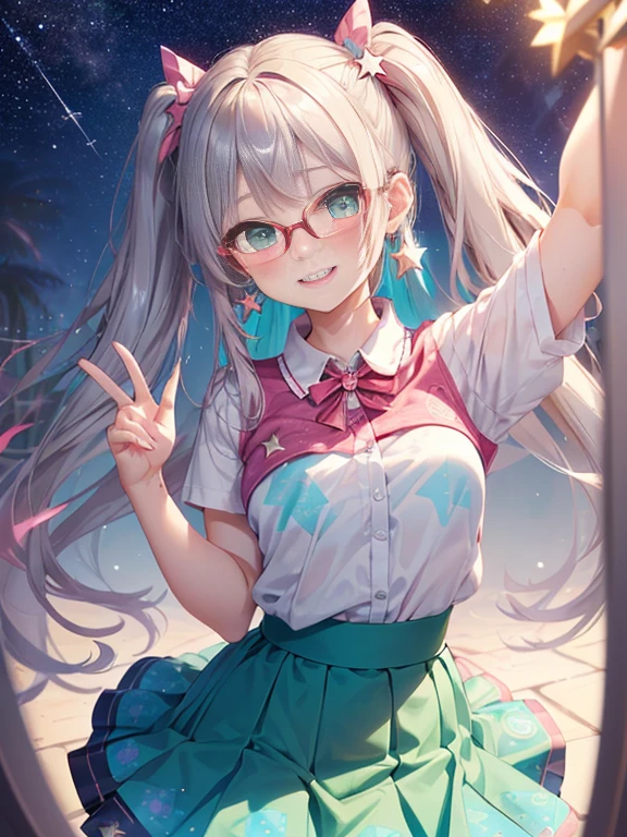 小さなgirl、The arrival of spring、Thick thighs、 (alone:1.5,)Very detailed,Bright colors, Very beautiful detailed anime faces and eyes, Look straight ahead, ;d, Shiny_skin,girl, ((Silver long hair,The inner color is red 、Forehead is exposed.、Green Eyes、Glasses、Shiny hair, Delicate beautiful face, blush、(Turquoise Eyes), White skin, Valletta, Earrings,、blue flower field、(((Star pattern pink、Gymnastics Skirt)))、Twin tails、smile、smile、Face dyed red