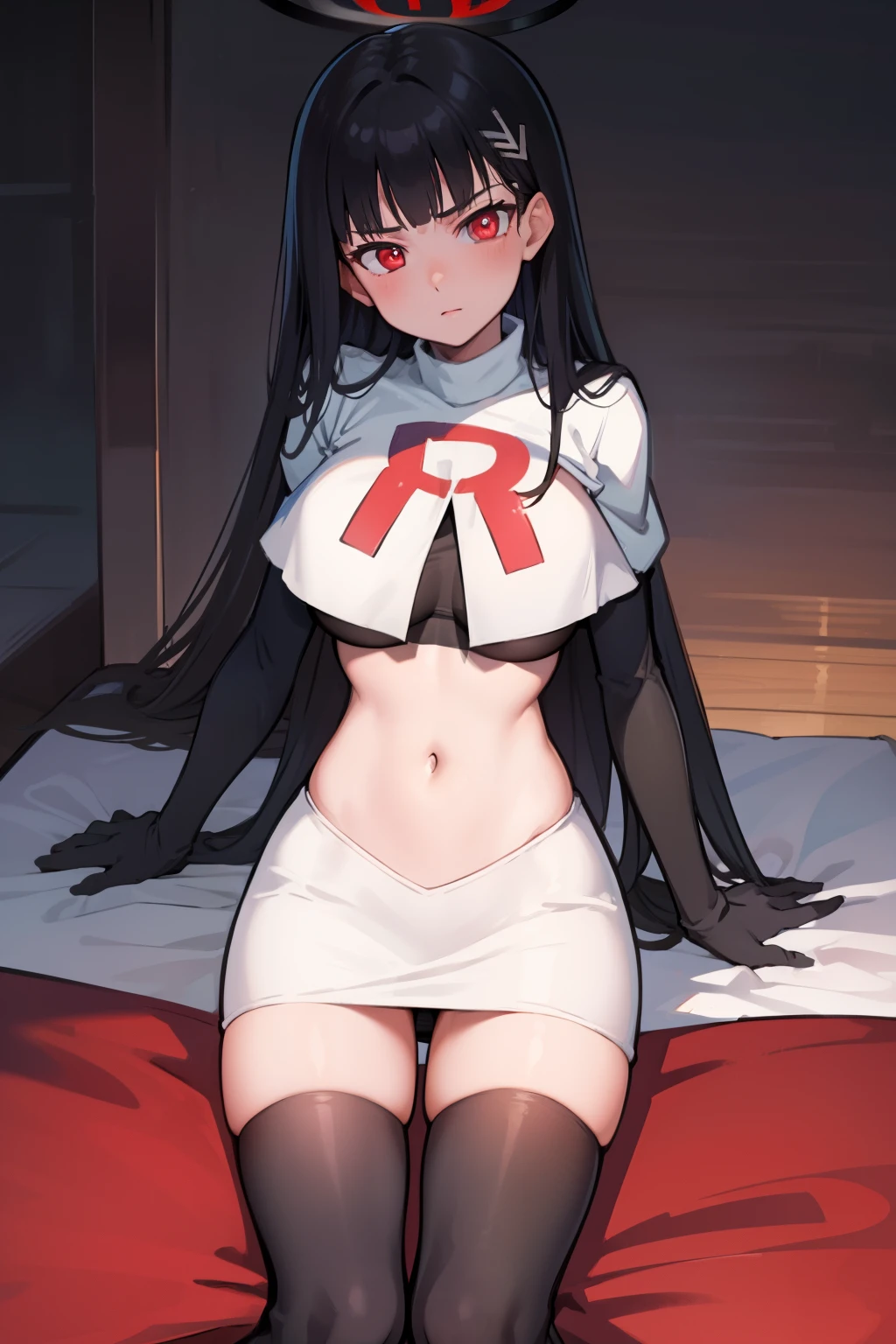 Rio, blue archive, black hair, halo halo, red eyes, face focus, mature female, large breast, head focus,team rocket,team rocket uniform,white skirt,red letter R,crop top,black thigh-highs,black elbow gloves