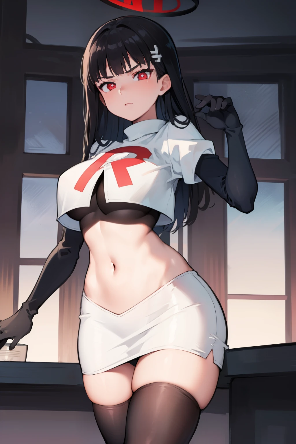 Rio, blue archive, black hair, halo halo, red eyes, face focus, mature female, large breast, head focus,team rocket,team rocket uniform,white skirt,red letter R,crop top,black thigh-highs,black elbow gloves