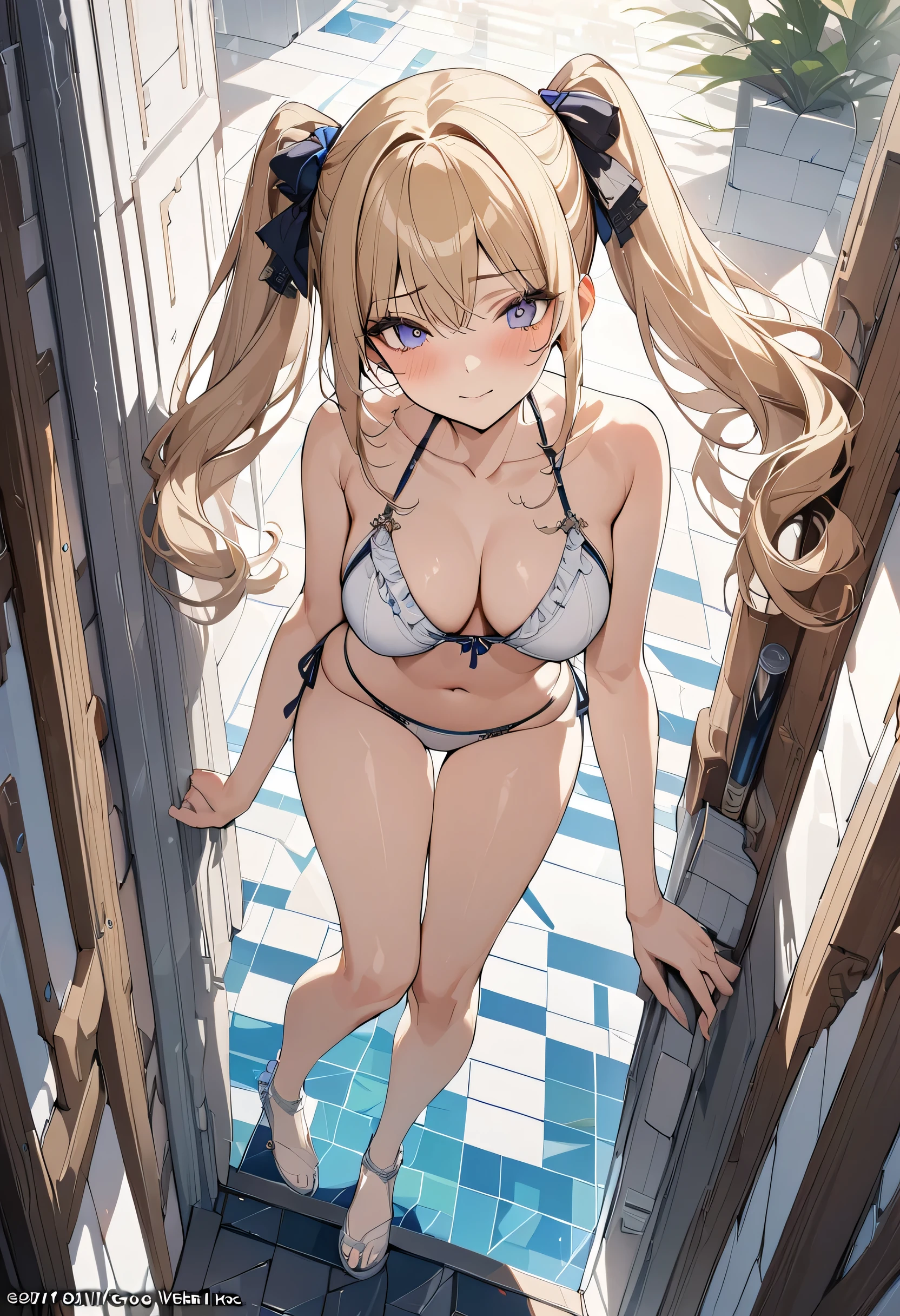 whole body,White ruffled bikini、Blonde、Twin tails、Tsundere、Full breastole under right eye、Poolside、high resolution、19 years old、Embarrassed、(masterpiece, highest quality), Very detailed, highest quality, Official Art, beautifully、aesthetic: 1.2), (1 girl), Very detailed, (masterpiece, highest quality), Official Art, beautifully、aesthetic: 1.2), (1 girl), Very detailed, (Geometry Art: 1.3), colorful(masterpiece, highest quality), Very detailed, highest quality, Official Art, beautifully、aesthetic: 1.2), (1 girl), Very detailed, (Geometry Art: 1.3), colorful, Most detailed ?d1 girl,