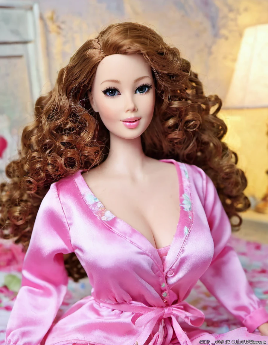 (masterpiece, best quality: 1.2), 1 Curly Hair Barbie,Dolls，colloid， Delicateeyes, Wide hips, colloid皮肤，Silk pajamas， High heel，Huge natural breasts，