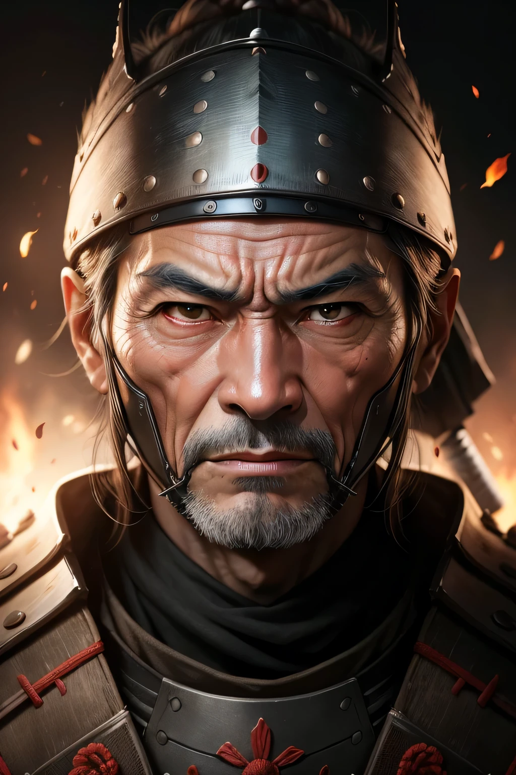 Realistic ultra HD close-up portrait,A samurai wearing a war mask, Wrinkles ,Facial expressions show strong emotions