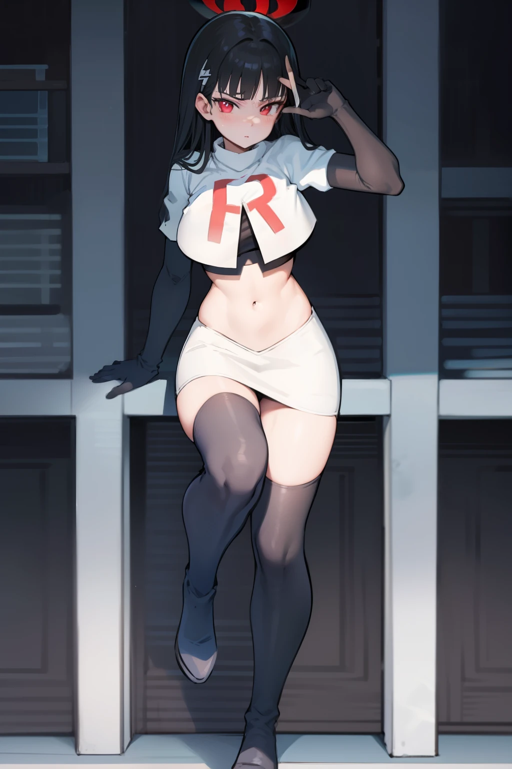 Rio, blue archive, black hair, halo halo, red eyes, face focus, mature female, large breast, head focus,team rocket,team rocket uniform,white skirt,red letter R,crop top,black thigh-highs,black elbow gloves