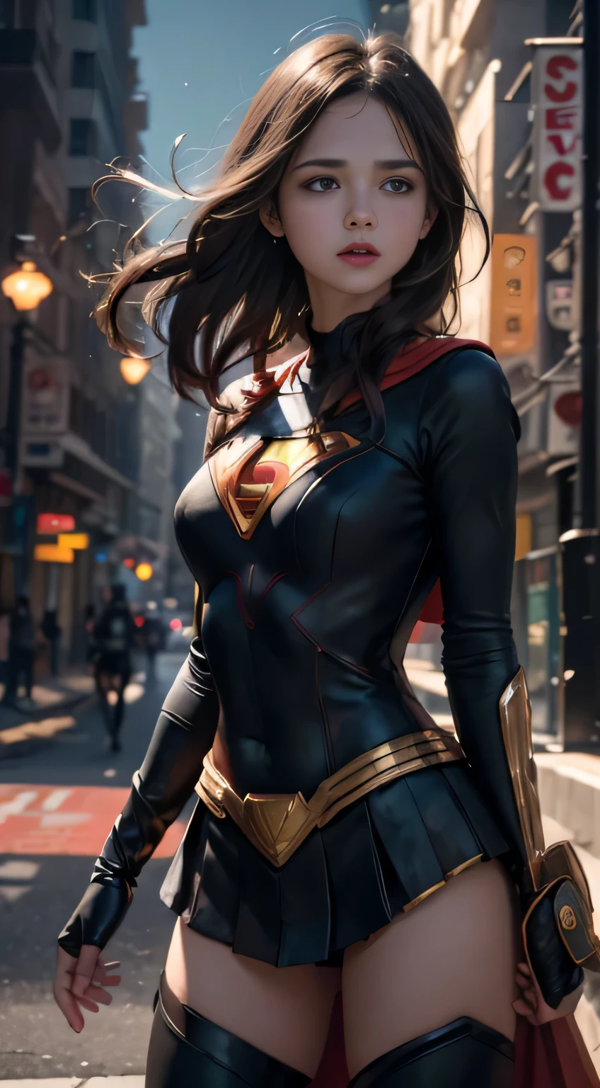 Arav woman in superhero costume standing on city street, Super Girl, Hero pose colorful city lights, gal gadot as Super Girl, emma watson as Super Girl, close up, anime visual of Super Girl, sydney sweeney, Corey Chase plays the Atlanteans, Maika Monroe Batgirl, 8K Artgerm bokeh, betty cooper, No characters, Ultra-high resolution，Black Hair, Hair shaking, victory, Long eyelashes, Solid round eye, A faint smile, ears red, direction, Surrealism, shadow, Relief, Stereogram, Standing picture, View, Atmospheric perspective, 8k, Super Detail, precise, best quality