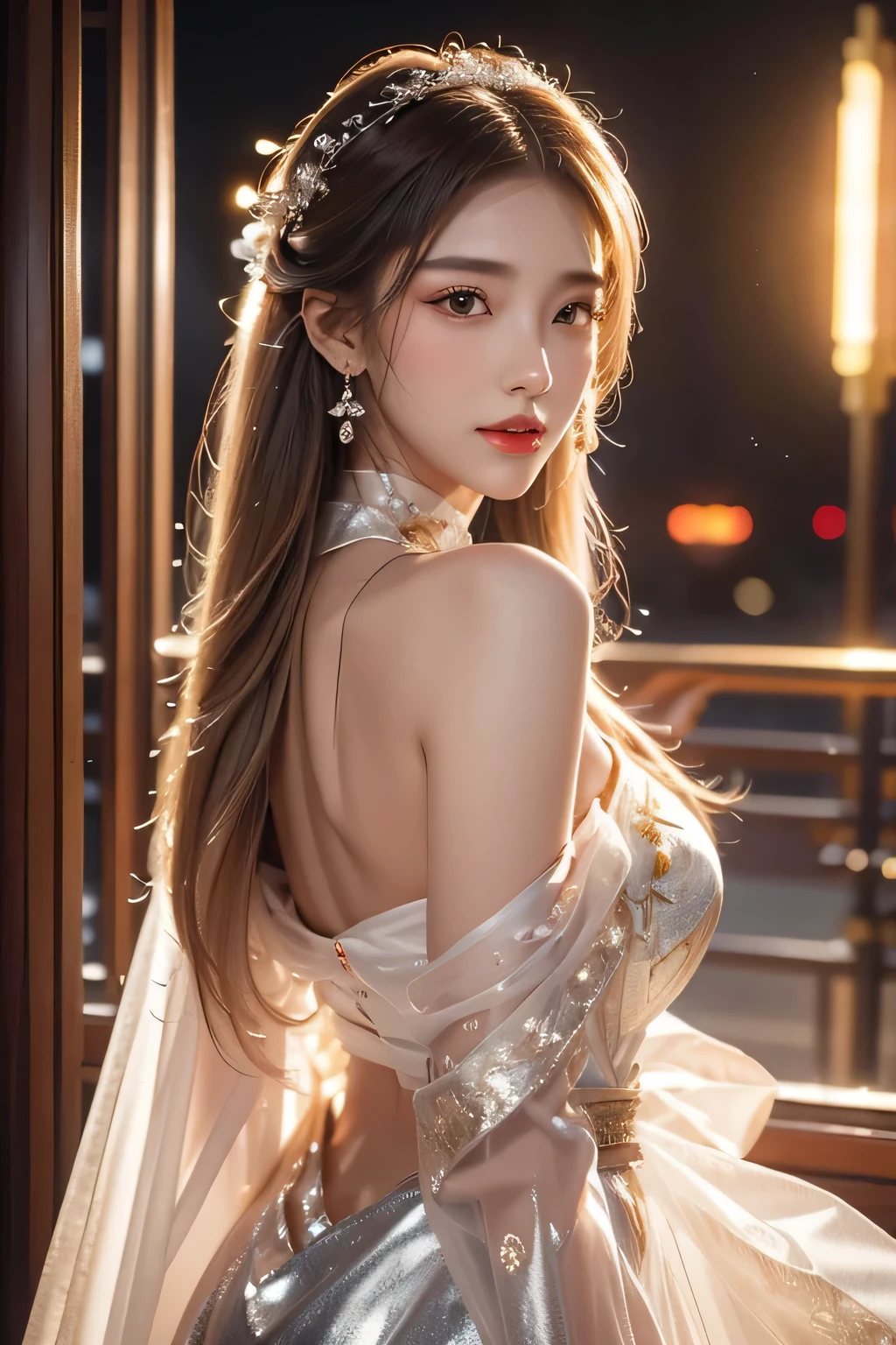 High-quality work,Realistic works,Super premium graphics,8K HD CG works,high quality graphics,High-definition and exquisite CG works,10x pixels,Ultra-fine details:1.1,Advanced technical details:1.1Realistic photo effects,Interior lighting effects:1.5,natural soft light:1.5. Light effect(Virtual light effects:1.8),ultra high resolution,shining dress,sliver long hair,silber hair,transparenthair,high detailed hair(Quality hair details:1.1)Clear eyes,Double eyelids look good,Sharp eye makeup, Create exquisite eyelash makeup, tthin eyebrows, Ultra-detailed eyes,a tall nose, lovely red lips, rosey cheeks, With delicate makeup on her face , pretty face, The face shape is perfectly proportioned,(Advanced facial details:1.1)1 girl, Chinese_clothes, liquid silver and orange, cyberhan, cheongsam, cyberpunk city, dynamic pose, detailed luminous headphones, glowing hair accessories, long hair, glowing earrings, glowing necklace, cyberpunk, high-tech city, full of mechanical and futuristic elements, futuristic, technology, glowing neon, orange, orange light, transparent tulle, transparent streamers, laser, digital background urban sky, big moon, with vehicles, best quality, masterpiece, 8K, character edge light, Super high detail, high quality, the most beautiful woman in human beings, micro smile, face facing front and left and right symmetry, ear decoration, beautiful pupils, light effects, visual data, silver white hair, super detail facial texture,Women's artwork,Dress full body video,Realism,Amazing Cleavage,My eyes are very bright today