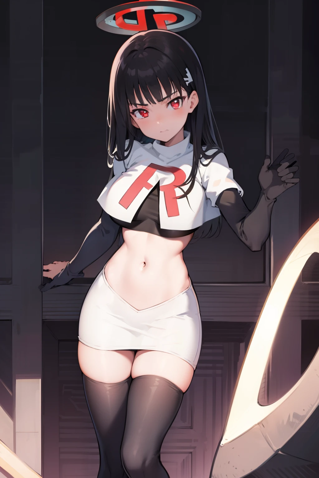 Rio, blue archive, black hair, halo halo, red eyes, face focus, mature female, large breast, head focus,team rocket,team rocket uniform,white skirt,red letter R,crop top,black thigh-highs,black elbow gloves