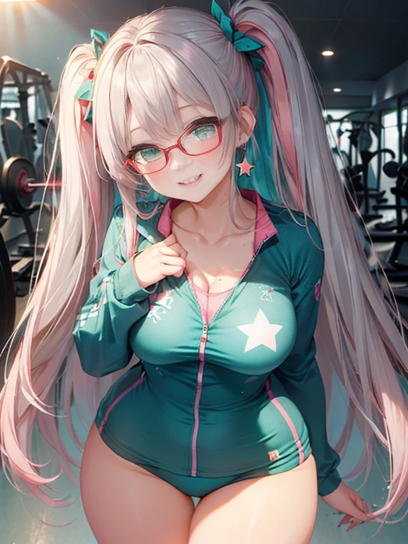 小さなgirl、The arrival of spring、Thick thighs、 (alone:1.5,)Very detailed,Bright colors, Very beautiful detailed anime faces and eyes, Look straight ahead, ;d, Shiny_skin,girl, ((Silver long hair,The inner color is red 、Forehead is exposed.、Green Eyes、Glasses、Shiny hair, Delicate beautiful face, blush、(Turquoise Eyes), White skin, Valletta, Earrings,、blue flower field、(((Star pattern pink、Gym suit)))、Twin tails、smile、smile、Face dyed red
