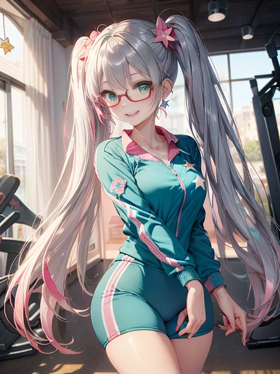 小さなgirl、The arrival of spring、Thick thighs、 (alone:1.5,)Very detailed,Bright colors, Very beautiful detailed anime faces and eyes, Look straight ahead, ;d, Shiny_skin,girl, ((Silver long hair,The inner color is red 、Forehead is exposed.、Green Eyes、Glasses、Shiny hair, Delicate beautiful face, blush、(Turquoise Eyes), White skin, Valletta, Earrings,、blue flower field、(((Star pattern pink、Gym suit)))、Twin tails、smile、smile、Face dyed red