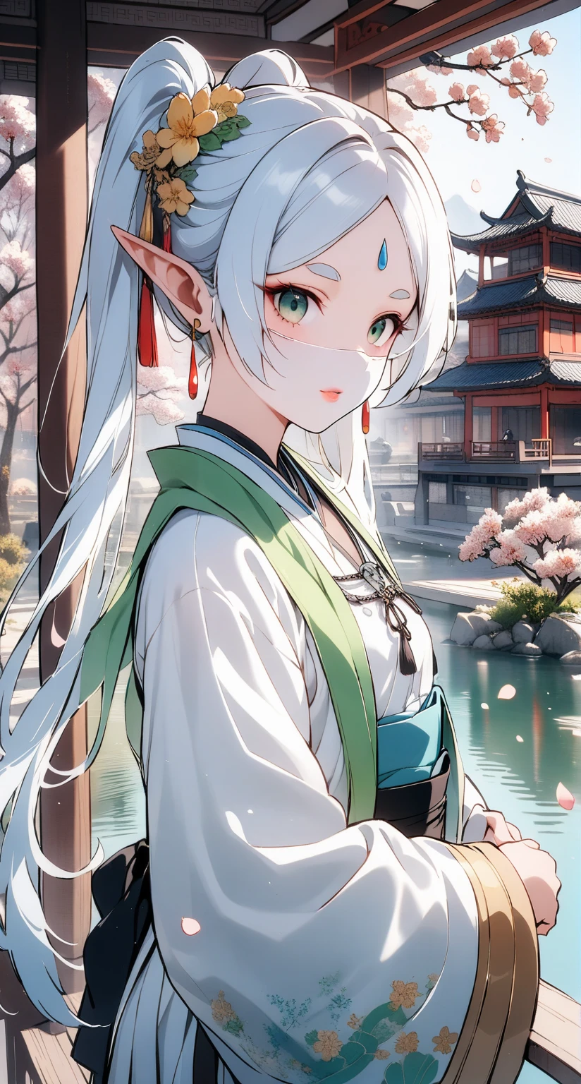 1girl,(frieren),mature female,elf,solo,bangs,green_eyes,white hair,long hair,twintails,thick lips,parted bangs,pointy ears,blue_flower,beautiful detailed_background,small breasts,butterfly,(green gorgeous hanfu, song style outfits),gold trim,short coat, pleated skirt, round collar robe,earrings,mask,chain,face chain,((veil)),explicit,flower,general,hair_ornament,hanfu,holding_peach blossom,((peach blossom)),jewelry,long_hair,looking_at_viewer,questionable,sensitive,solo,tassel,tassel_earrings,upper_body,(spring),Chinese style architecture, Chinese style, lake, ancient town, beautiful and meticulous water, (Fishing boat), pavilion,steam,Surrounding by falling peach blossoms petals, han style