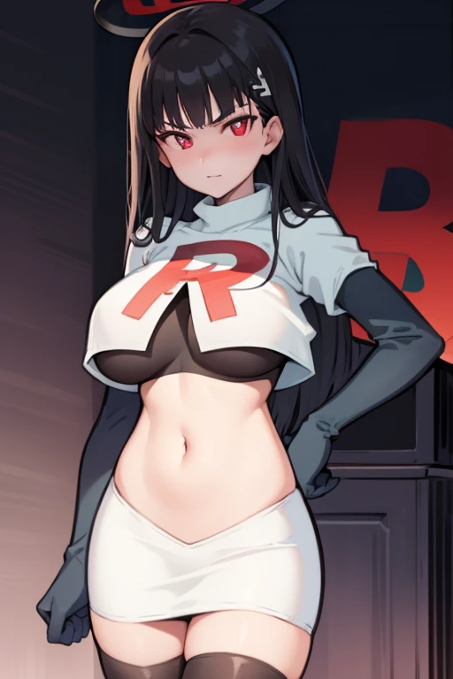 Rio, blue archive, black hair, halo halo, red eyes, face focus, mature female, large breast, head focus,team rocket,team rocket uniform,white skirt,red letter R,crop top,black thigh-highs,black elbow gloves