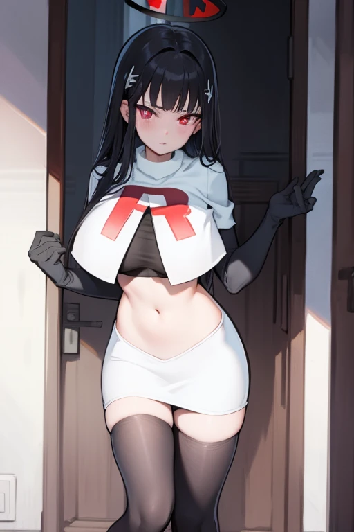 Rio, blue archive, black hair, halo halo, red eyes, face focus, mature female, large breast, head focus,team rocket,team rocket uniform,white skirt,red letter R,crop top,black thigh-highs,black elbow gloves