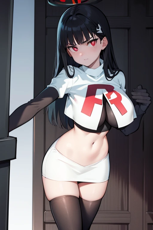 Rio, blue archive, black hair, halo halo, red eyes, face focus, mature female, large breast, head focus,team rocket,team rocket uniform,white skirt,red letter R,crop top,black thigh-highs,black elbow gloves
