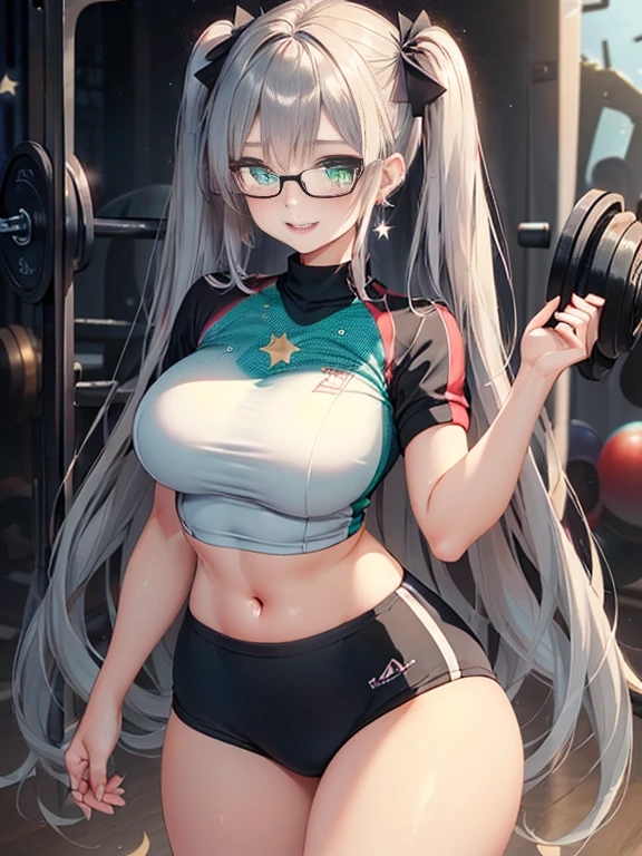 小さなgirl、The arrival of spring、Thick thighs、 (alone:1.5,)Very detailed,Bright colors, Very beautiful detailed anime faces and eyes, Look straight ahead, ;d, Shiny_skin,girl, ((Silver long hair,The inner color is red 、Forehead is exposed.、Green Eyes、Glasses、Shiny hair, Delicate beautiful face, blush、(Turquoise Eyes), White skin, Valletta, Earrings,、blue flower field、(((Star pattern black、High-end gym clothes)))、Twin tails、smile、smile、Face dyed red