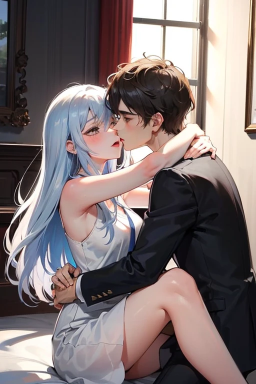 A girl with long hair wearing a dress goes on a date with a man wearing a suit
They hug very closely
They kiss
They go home