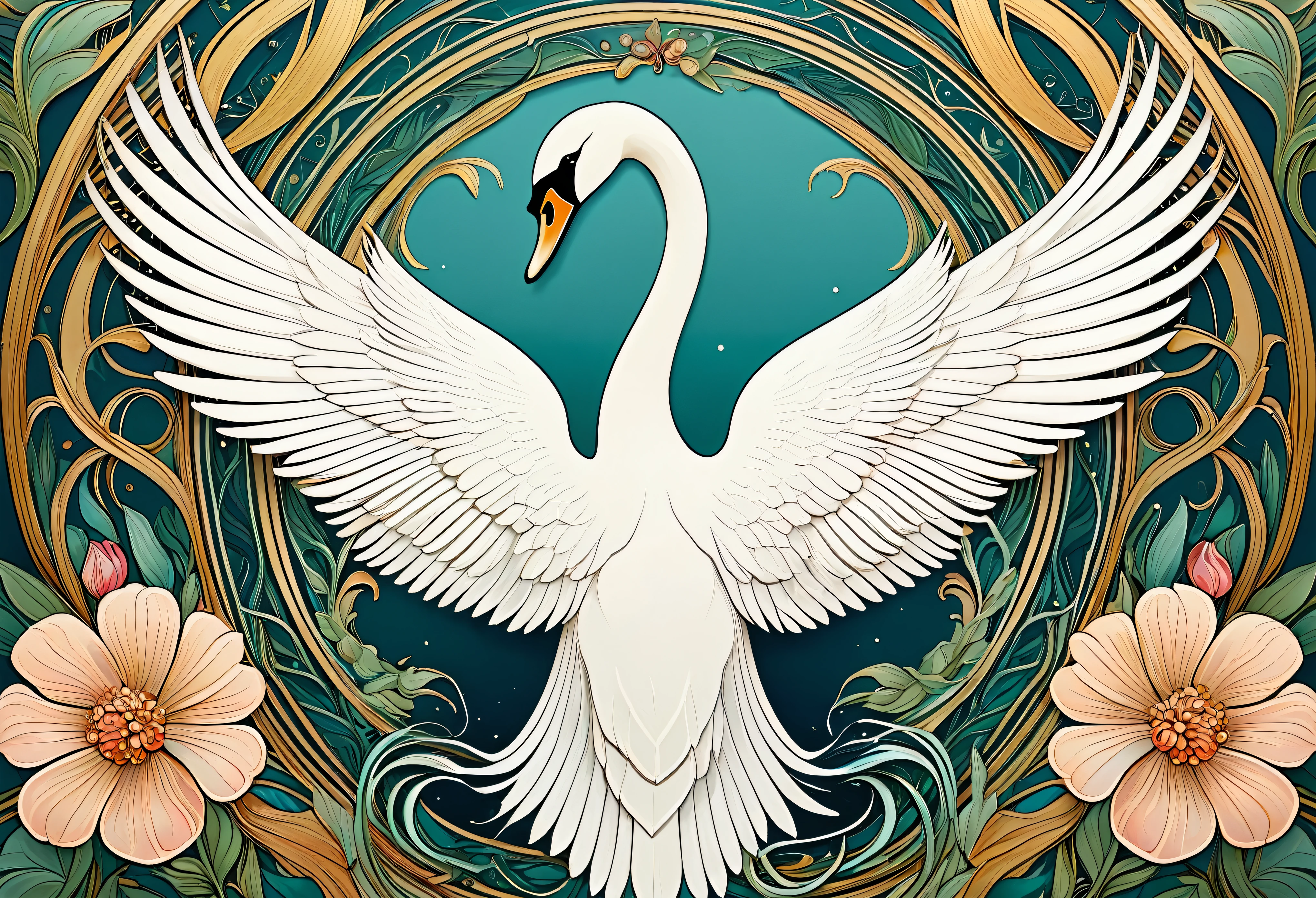 a close up of a swan in a circle with flowers, swan, Gorgeous and flowing, Surreal Art Nouveau, Gentle and graceful, elaborate decoration, Glamorous art, wings of a swan, Full color illustrations, Sergey Vasnev, masterful intricate artwork, swans, Beautiful artwork illustration, Beautiful and elegant, Colourful and detailed, in art nouveau style