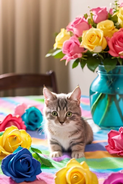 Rainbow colored roses , Kitten smelling the flowers , on the desk ,
