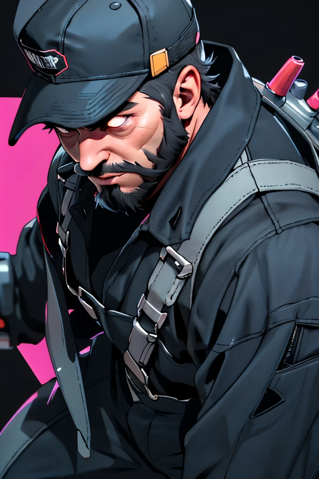 ((Mechanic)), ((Middle aged male)), ((Black beard)), ((Muscular)), ((Black coveralls)), ((Black baseball hat without logo)), ((dynamic pose)), ((retro cyberpunk
background))
(( terrified, close up))