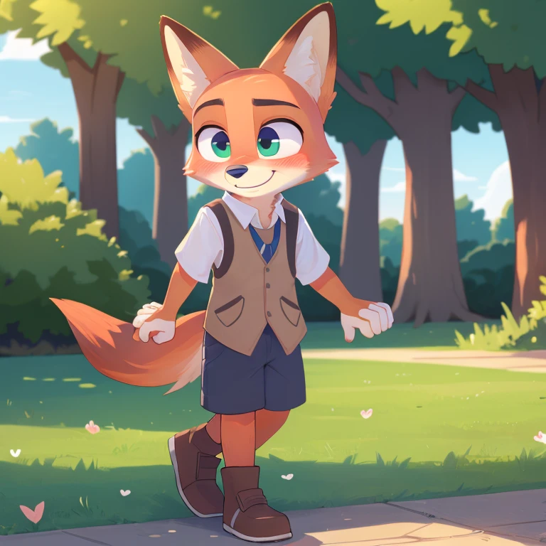 (score_9, score_8_up), 1girl, 1boy, solo, nick wilde, judy hopps, smiling, holding hands, blushing, park