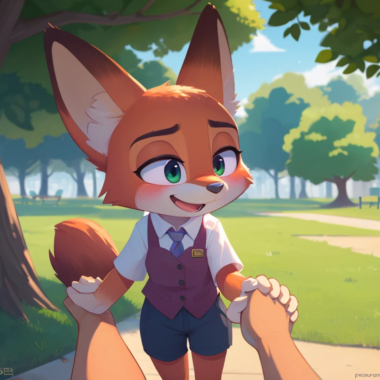 (score_9, score_8_up), 1girl, 1boy, solo, nick wilde, judy hopps, smiling, holding hands, blushing, park
