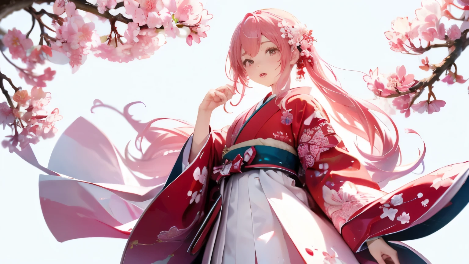 (((Cherry blossom background、White world)))、unity 8k wallpaper、Ultra-detailed、Beautiful and aesthetic、masterpiece、highest quality、(Tangleの、Mandala、Tangle、Tangle)、(Fractal Art:1.3)、A Hatsune Miku-style girl、Beautiful long pink hair、Japanese、Big pink、red kimono、Japan Dresses、Very detailed、Dynamic Angle、Cowboy Shot、The most beautiful form is chaos、elegant、brutalism design、Vibrant colors、Romance、atmosphere、Ecstasy Note、Streaming notes are visible、(((White background、Pure white background、Red circle))),Walking and enjoying cherry blossom viewing。