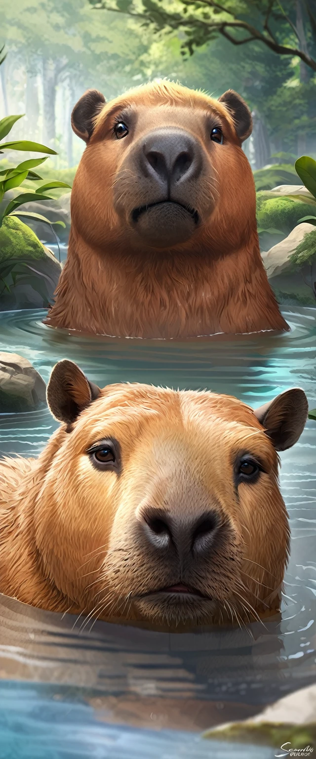 ((Masterpiece, top quality, high resolution)), ((highly detailed CG unified 8K wallpaper)), A capybara, Relaxing in a hot spring bath, towel on head and soaking in hot water,
