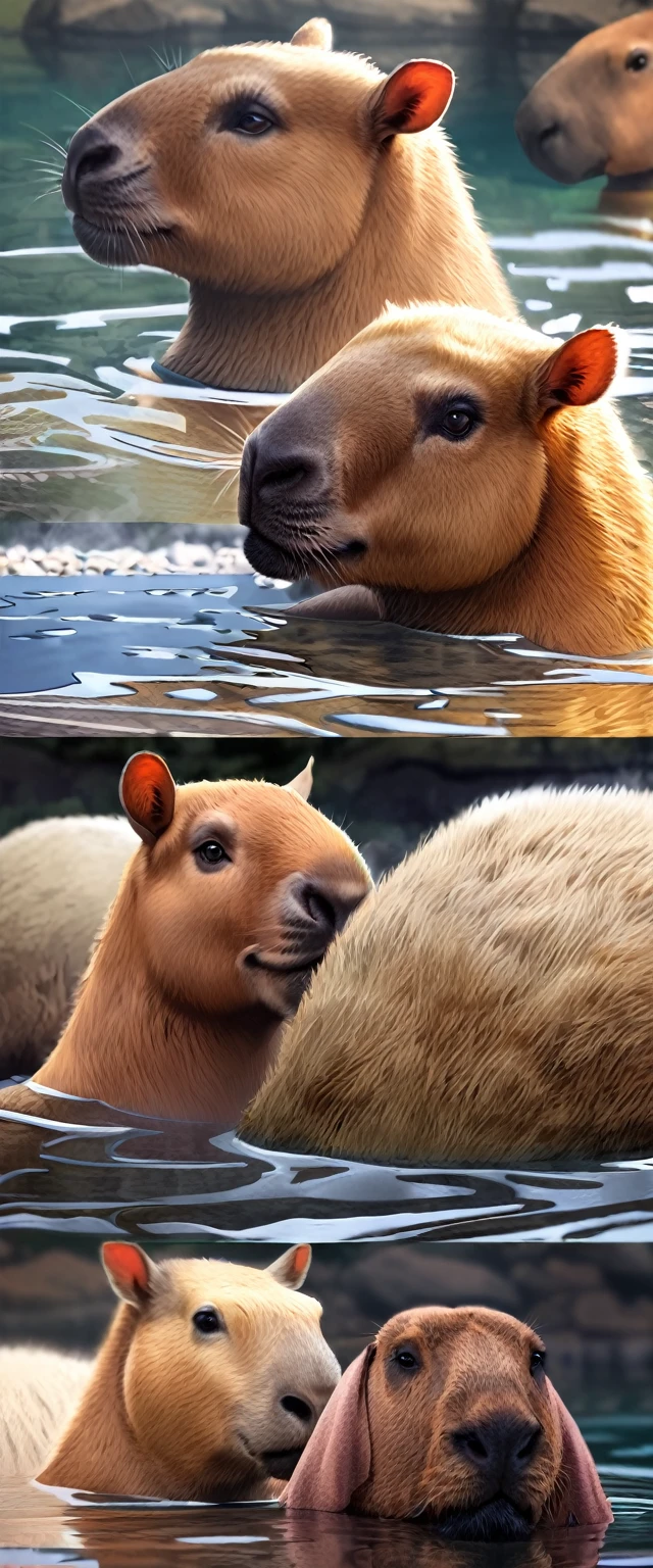 ((Masterpiece, top quality, high resolution)), ((highly detailed CG unified 8K wallpaper)), A capybara, Relaxing in a hot spring bath, towel on head and soaking in hot water,