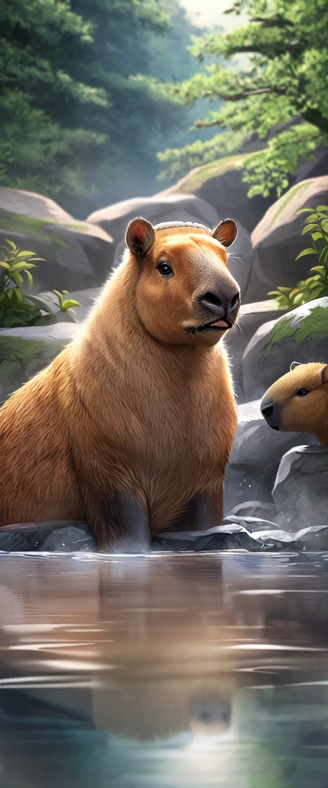 ((Masterpiece, top quality, high resolution)), ((highly detailed CG unified 8K wallpaper)), A capybara, Relaxing in a hot spring bath, towel on head and soaking in hot water,