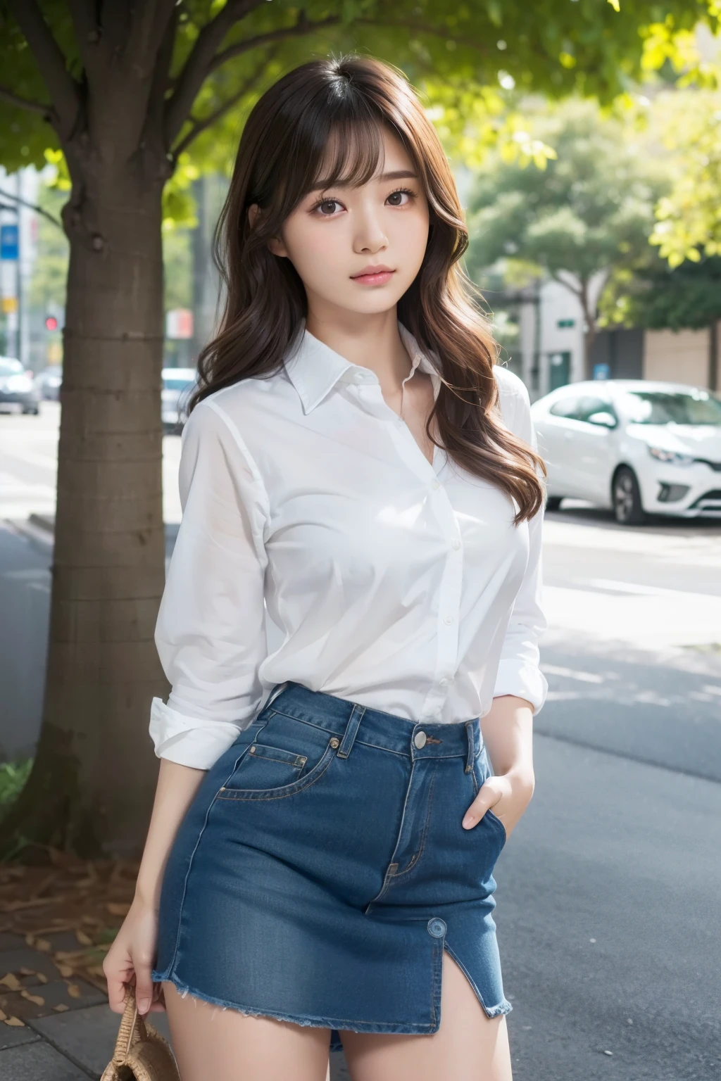 (Detailed muscle:1.2)、(Glowing Skin:1.1)、8k、highest quality、masterpiece、Ultra-high resolution、(Photorealistic:1.4)、RAW Photos、(Soft Saturation:1.3)、(Fair skin:1.2)、(((A cute 19-year-old Japanese girl is alone in the center of the photo.)))、Gal、Natural Makeup、Glamour、Big Breasts、Brown hair/brown hair、Medium Hair、Asymmetrical Hair、Wavy Hair、Asymmetrical Bangs、White collared shirt、Slit tight skirt