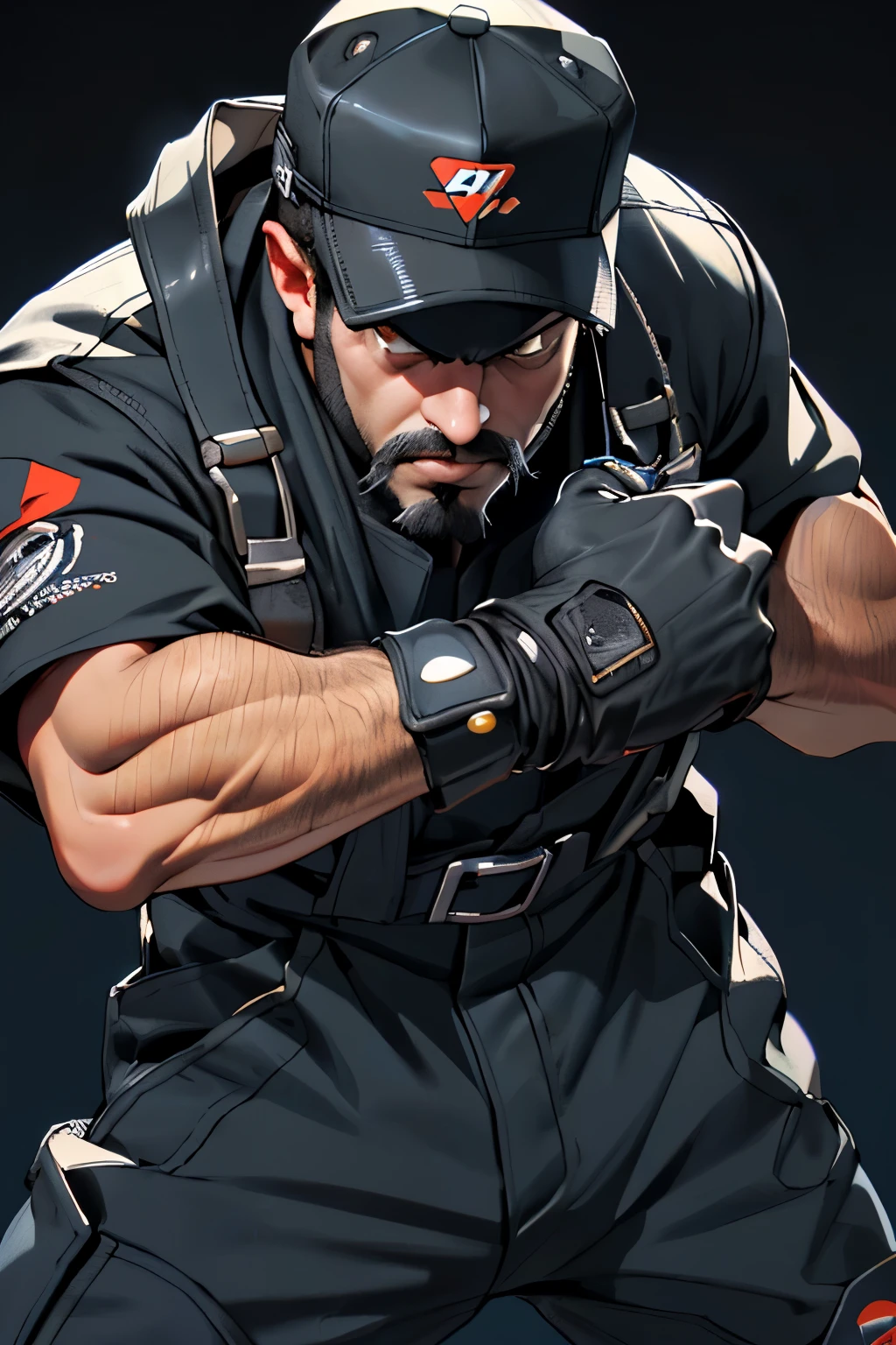 ((Mechanic)), ((Middle aged male)), ((Black beard)), ((Muscular)), ((Black coveralls)), ((Black baseball hat without logo)), ((dynamic pose)), ((retro cyberpunk
background))
(( surprised, close up))