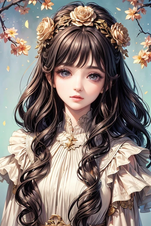 (highest quality,8k,CG),Upper body details,Lonely Girl,Floral forest background,Complex facial features,Elegant long curly hair,large almond-shaped eyes,,Detailed eye makeup,Long eyelashes,Twinkling Star,Exquisite lip detail,Soft and harmonious style.