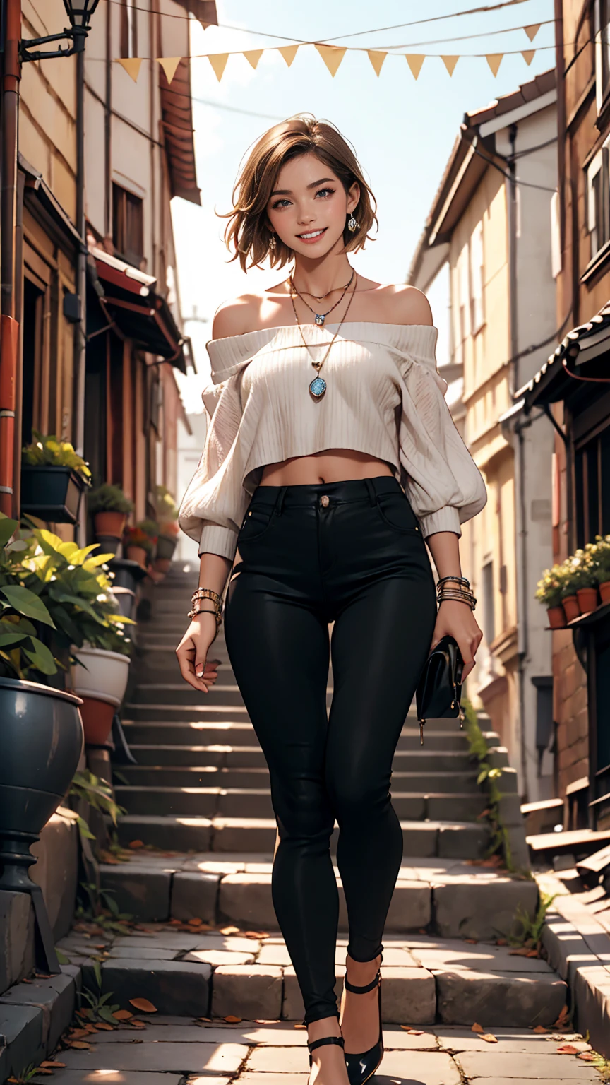 24 year old Caucasian female、The hair is brunette、Eye color is blue、semi-long、slim、Belly button sticking out、Laughter、I'Wearing a necklace、Wrist Accessories、Wearing off-shoulder tops、I'Wearing leggings、I'm wearing pin heels、I'At the top of a stone staircase halfway up a cobbled street in the old town、Smile