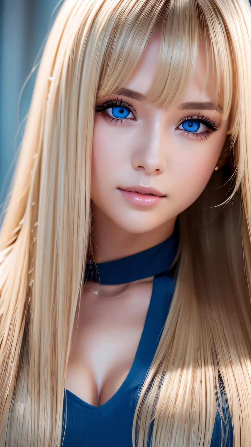 Unparalleled beauty, Glossy, radiant and firm skin, Bangs between the eyes, Shiny straight beautiful natural platinum blonde, Super Long Straight Silky Hair, Eyeliner, Sexy, beautiful and innocent 15 year old, Big beautiful bright blue eyes in high definition, Beautiful and lovely girl, ((Huge boobs))、((Erotic、sexy、Ultra-high resolution、The lighting is bright、A natural and precise hand))、hair over eyes、hair over one eye、hair between eyes、