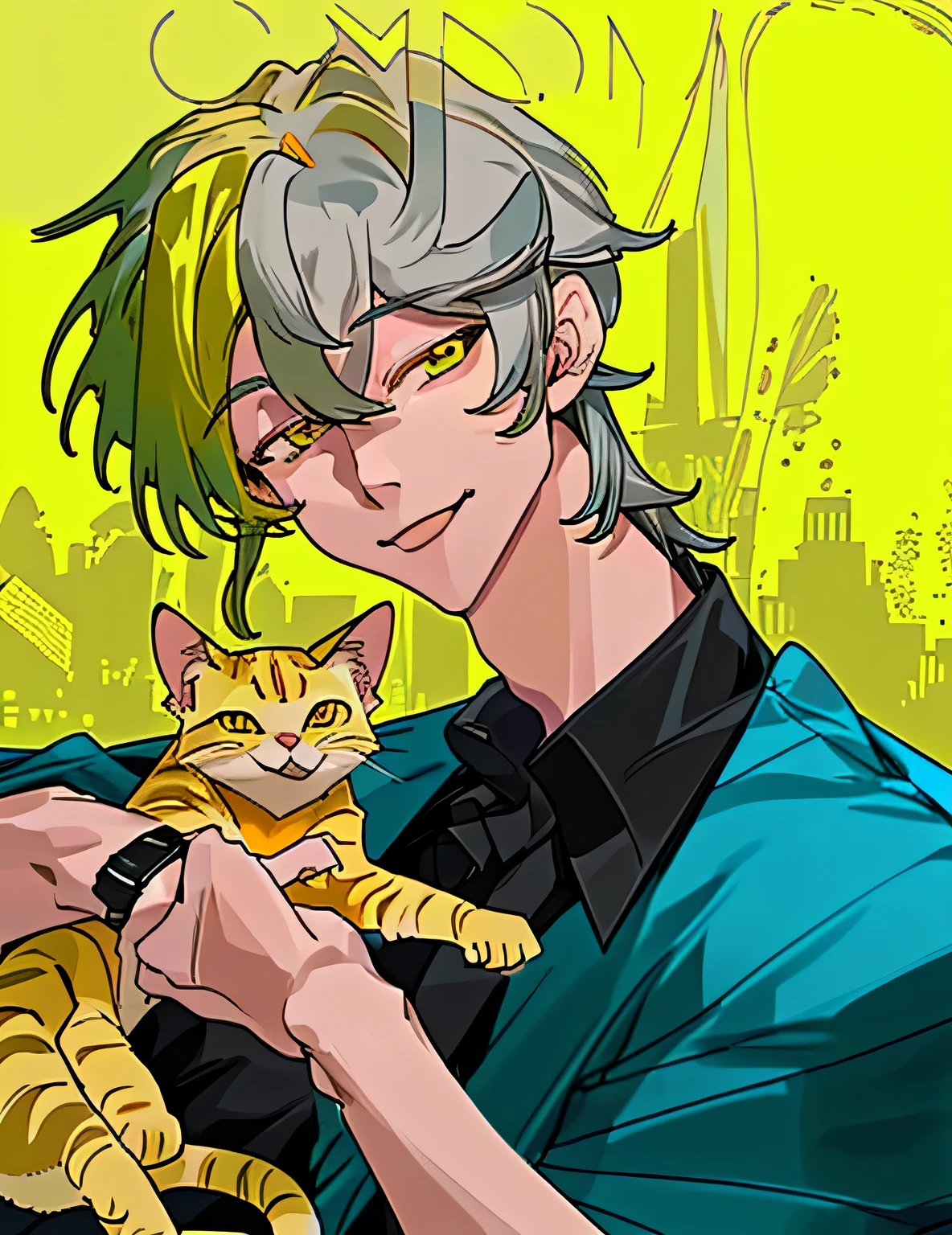 One man with a yellow cat with greenish-yellow eyes, city, smile, cool hair, handsome