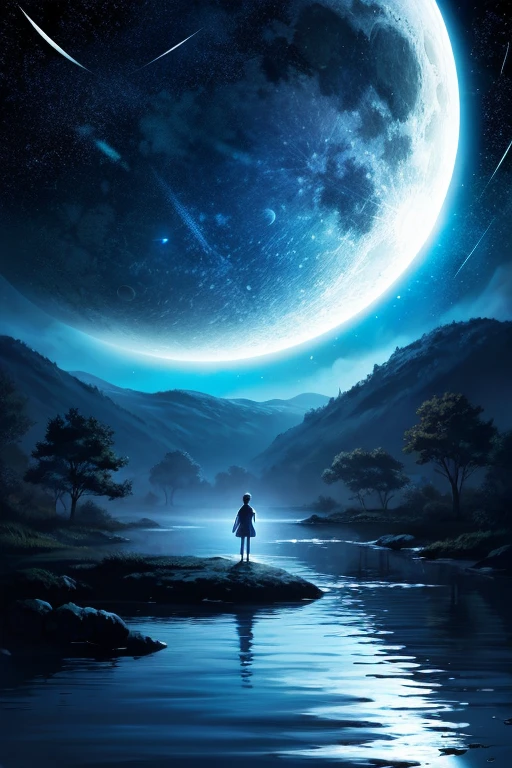 A condensed beauty of a painting of a river and the stars and moon in the sky, Concept art inspired by Mitsuoki Tosa, pixiv Contest Winner, highest quality, Fantasy art, Beautiful anime scene, Bright moon circle, Starry Sky environment in the moonlight, Dream Painting, Anime Background art, Dreamscape Painting, wonderful night, Anime Background, Background artwork, Great art, Atmospheric anime, Starry Sky, Detail enhancement.  