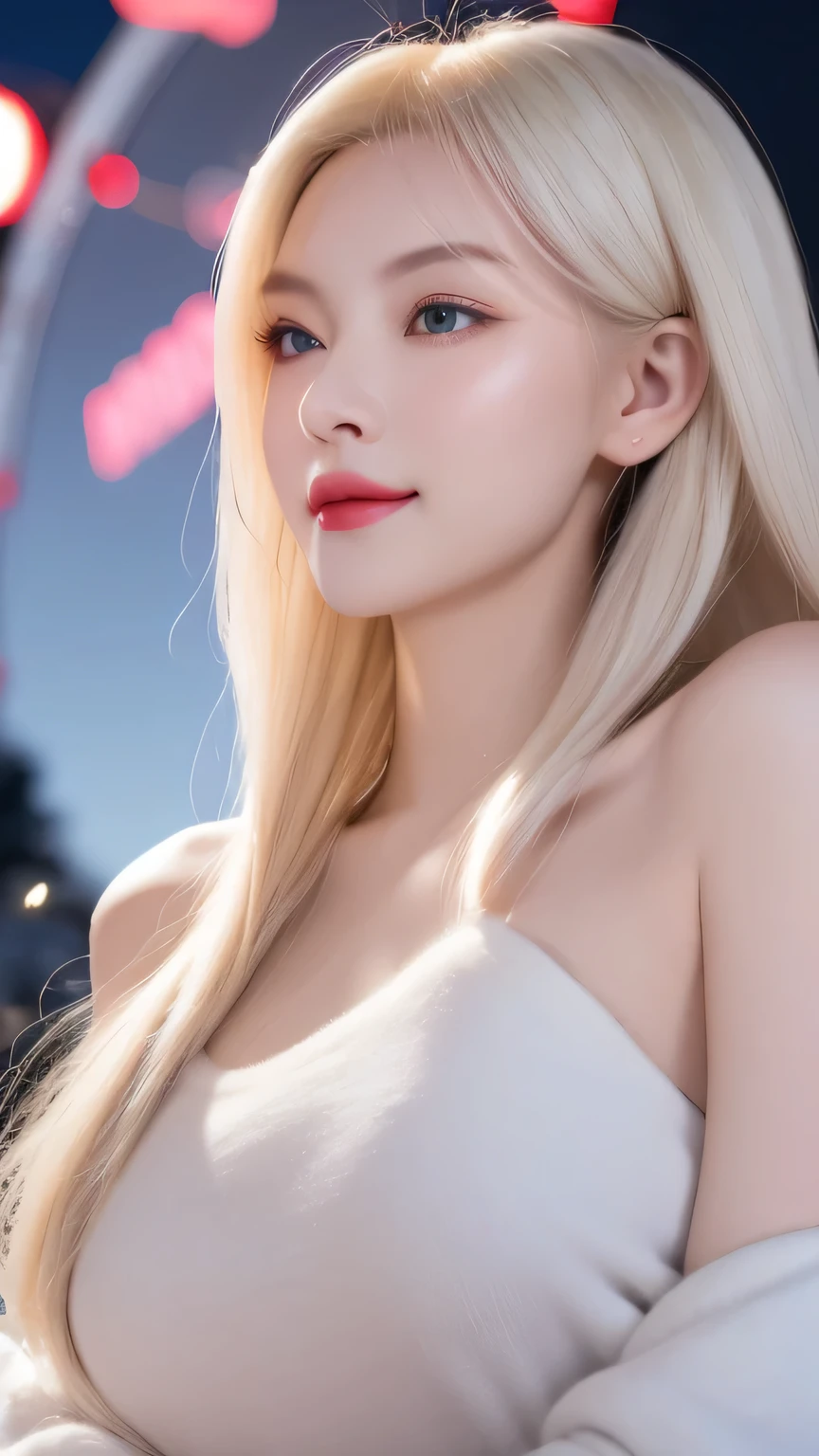 black hair, hair bobbles, wince, longeyelashes, solid circle eyes, light smile, ear blush, fang, Surrealism, drop shadow, anaglyph, stereogram, tachi-e, pov, atmospheric perspective, 8k, super detail, ccurate, best quality,(masterpiece), (best quality), 1 girl, (Perfect face:1.2), (Pretty Face:1.2), Platinum Blonde, (From below, Upper Body:1.3), Happy, A faint smile, Looking at the audience, posture, winter coat, outdoor, winter, snow, night, Wheel within a wheel, Depth of Field, Movie Lighting,
